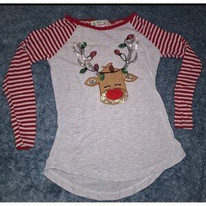 Magical Season Size 5 Girls 3D Reindeer Sequin Shirt With Red Striped Sleeves